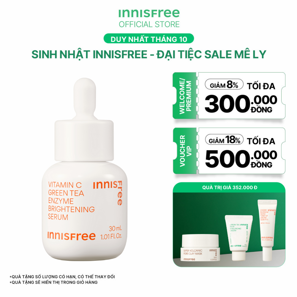 Serum Vitamin C sáng da, mờ thâm mụn INNISFREE Green Tea Enzyme Brightening Serum 30ml